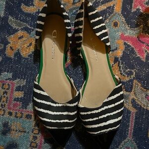 Black and White and green Striped Women's Flats